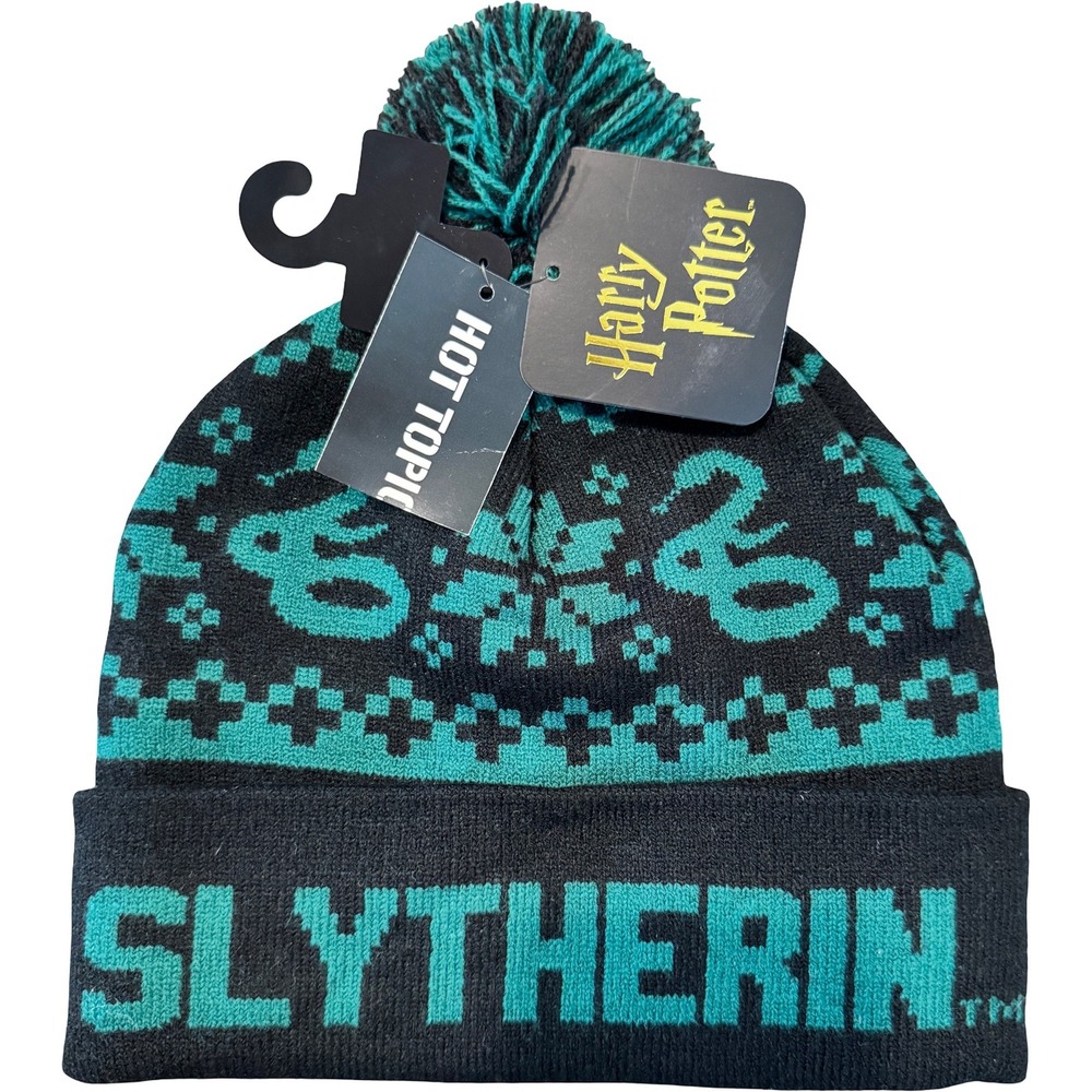 Harry Potter Slytherin Beanie Hot Topic Black Green Pom Pom‎ Knit Hat New